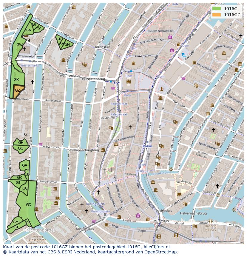 Afbeelding van het postcodegebied 1016 GZ op de kaart.