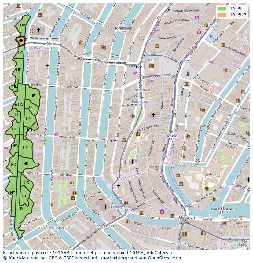 Afbeelding van het postcodegebied 1016 HB op de kaart.