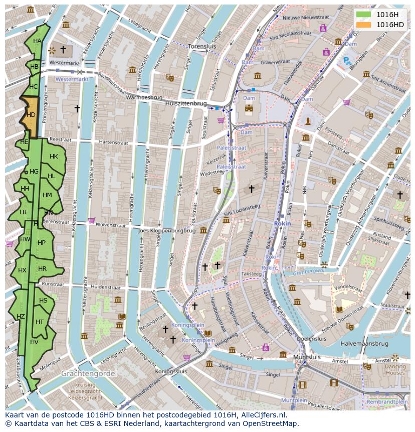 Afbeelding van het postcodegebied 1016 HD op de kaart.