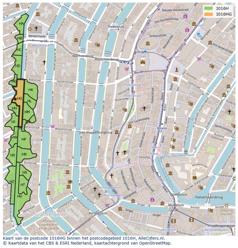 Afbeelding van het postcodegebied 1016 HG op de kaart.