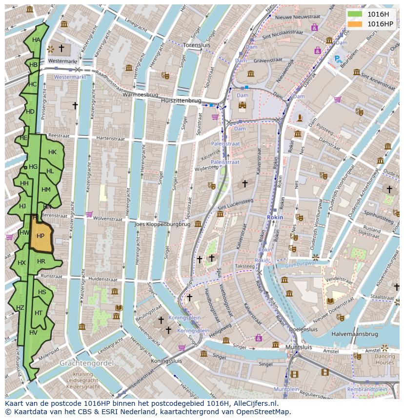 Afbeelding van het postcodegebied 1016 HP op de kaart.