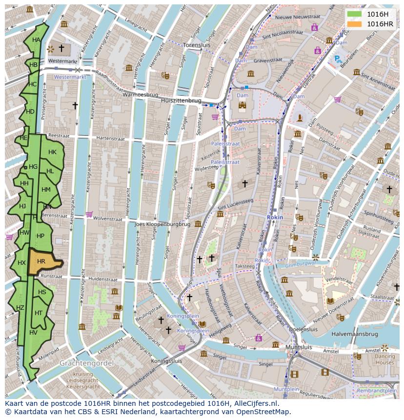 Afbeelding van het postcodegebied 1016 HR op de kaart.