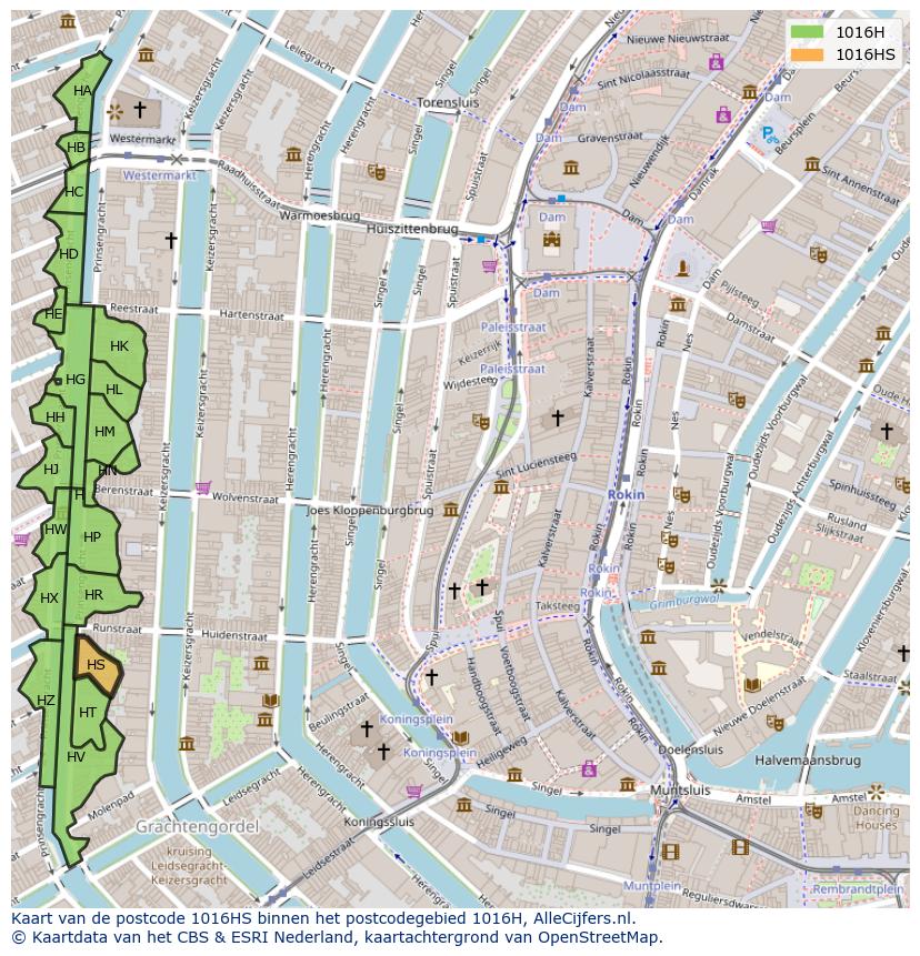 Afbeelding van het postcodegebied 1016 HS op de kaart.