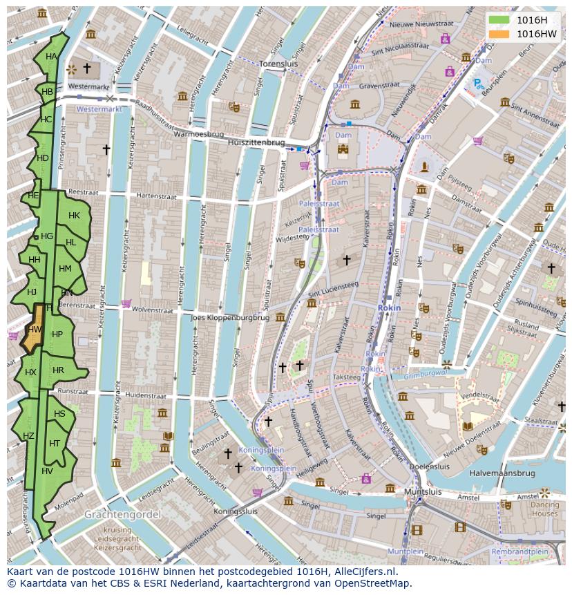 Afbeelding van het postcodegebied 1016 HW op de kaart.