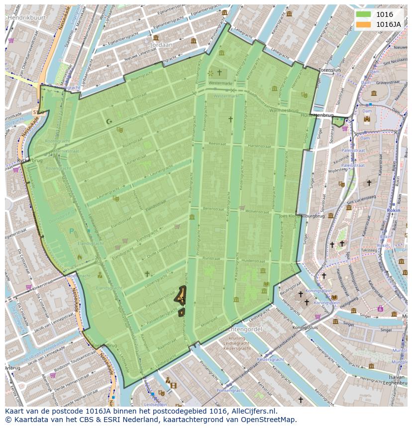 Afbeelding van het postcodegebied 1016 JA op de kaart.