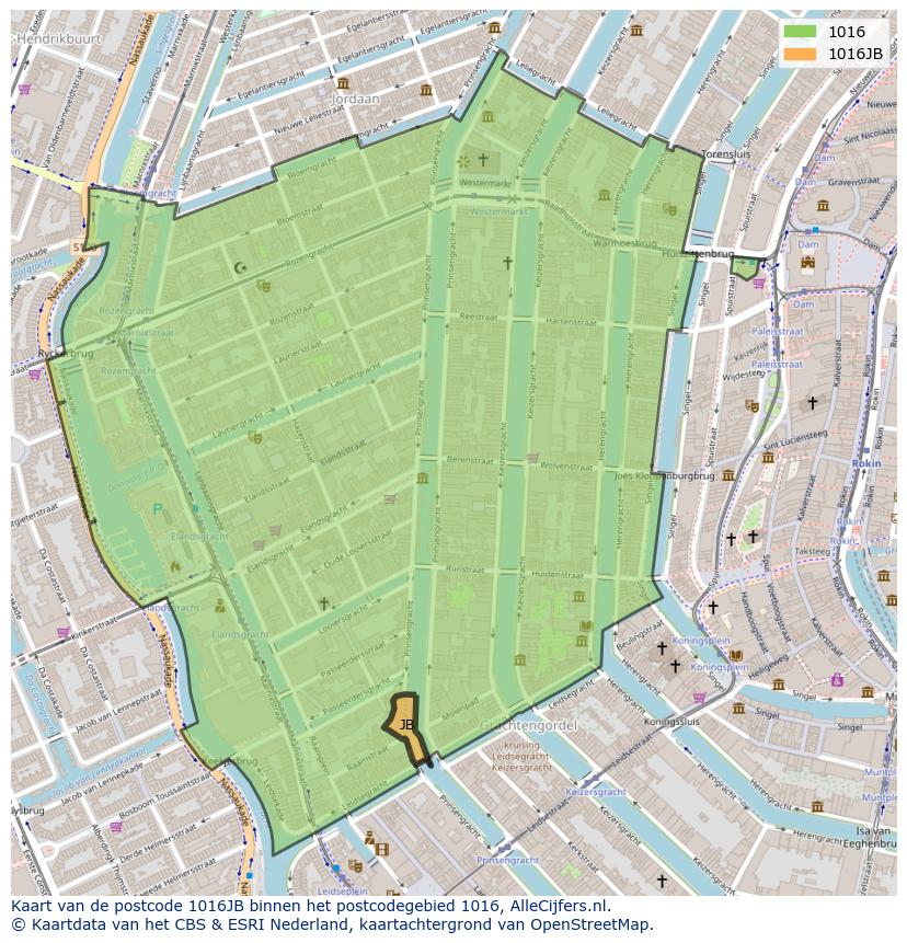 Afbeelding van het postcodegebied 1016 JB op de kaart.