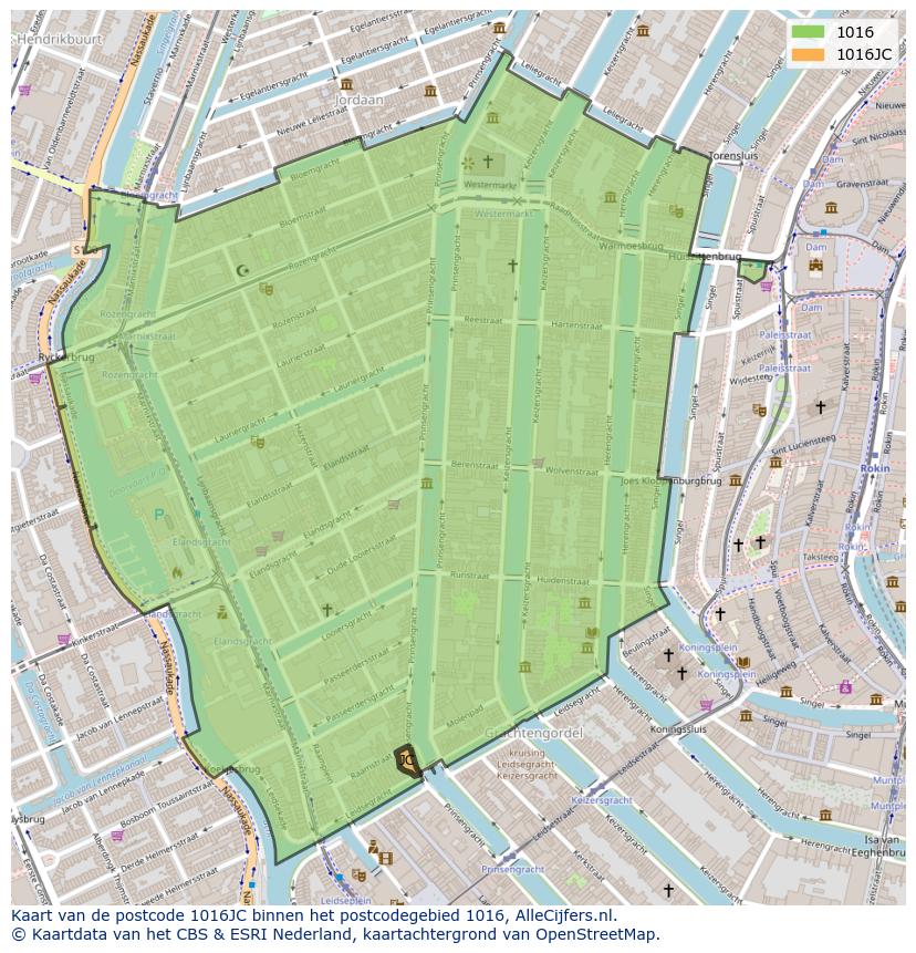Afbeelding van het postcodegebied 1016 JC op de kaart.