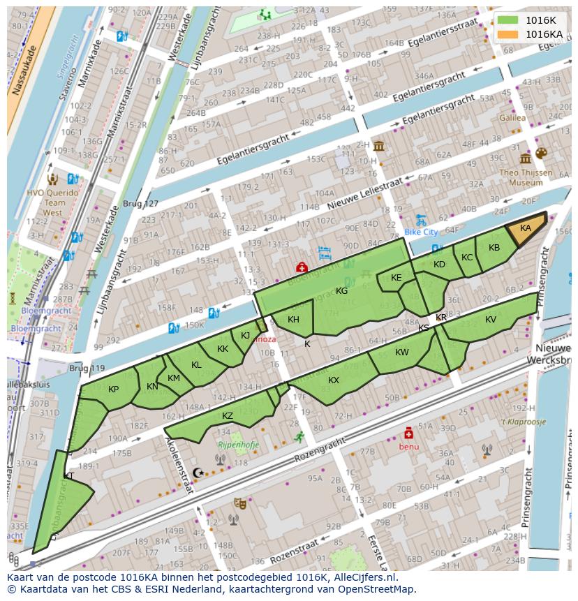 Afbeelding van het postcodegebied 1016 KA op de kaart.