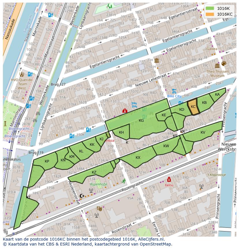 Afbeelding van het postcodegebied 1016 KC op de kaart.