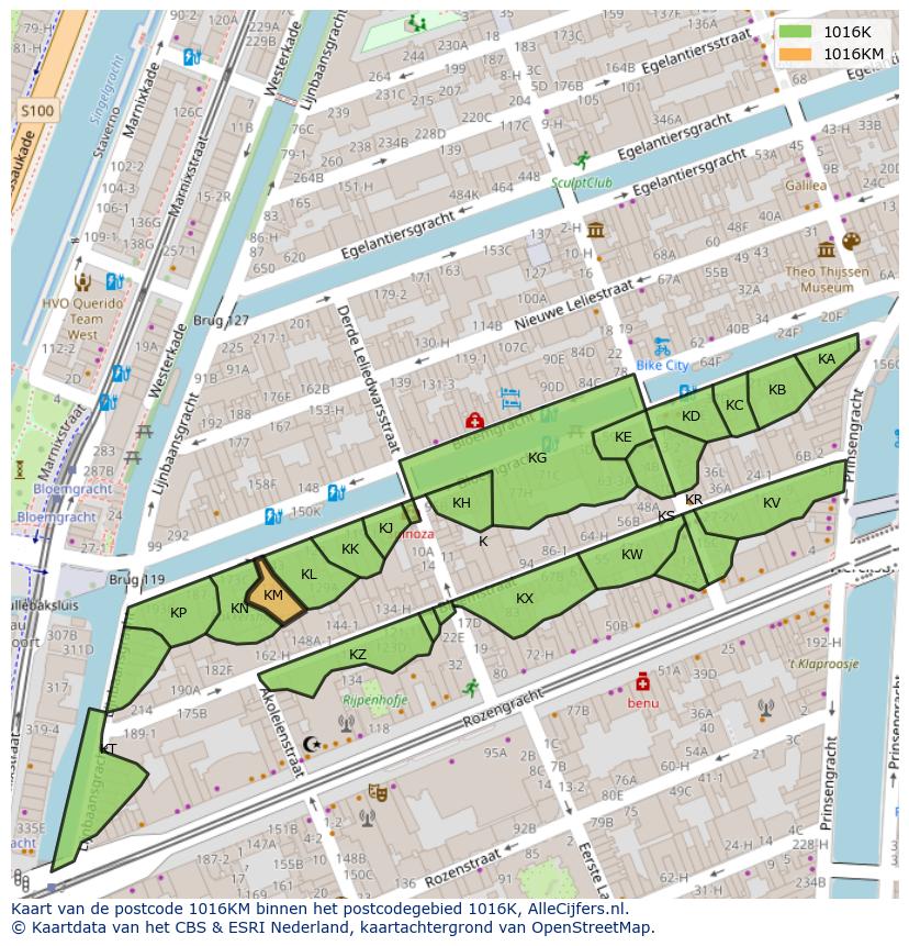 Afbeelding van het postcodegebied 1016 KM op de kaart.