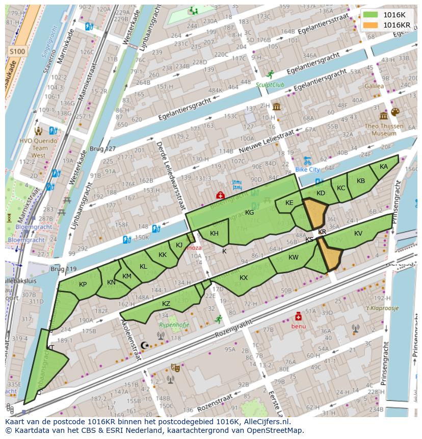 Afbeelding van het postcodegebied 1016 KR op de kaart.