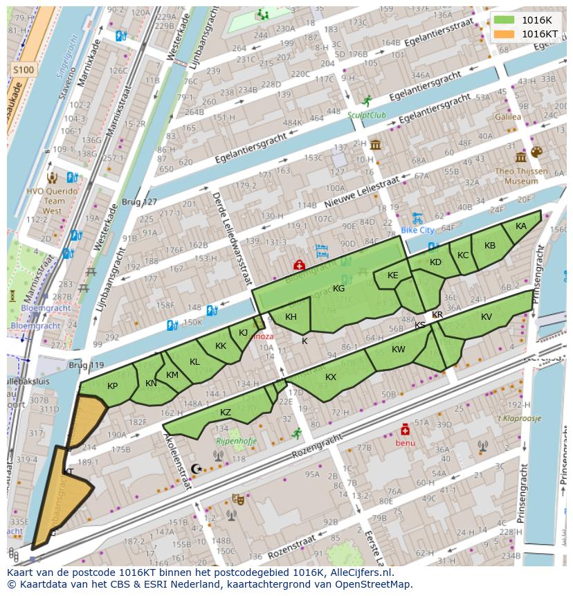 Afbeelding van het postcodegebied 1016 KT op de kaart.