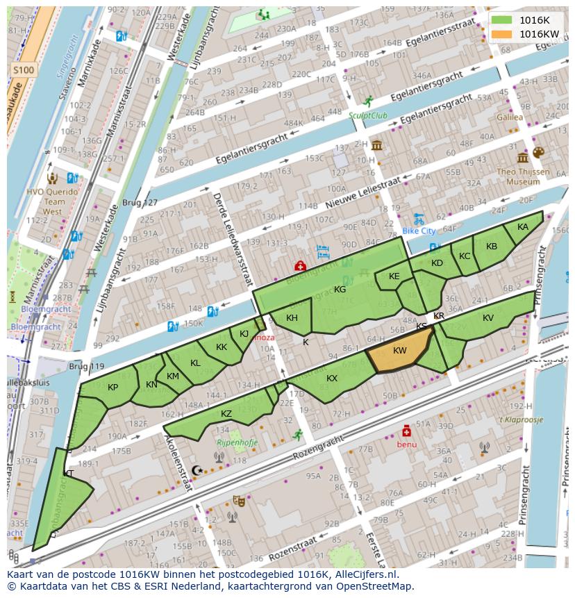 Afbeelding van het postcodegebied 1016 KW op de kaart.