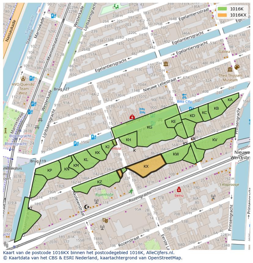 Afbeelding van het postcodegebied 1016 KX op de kaart.