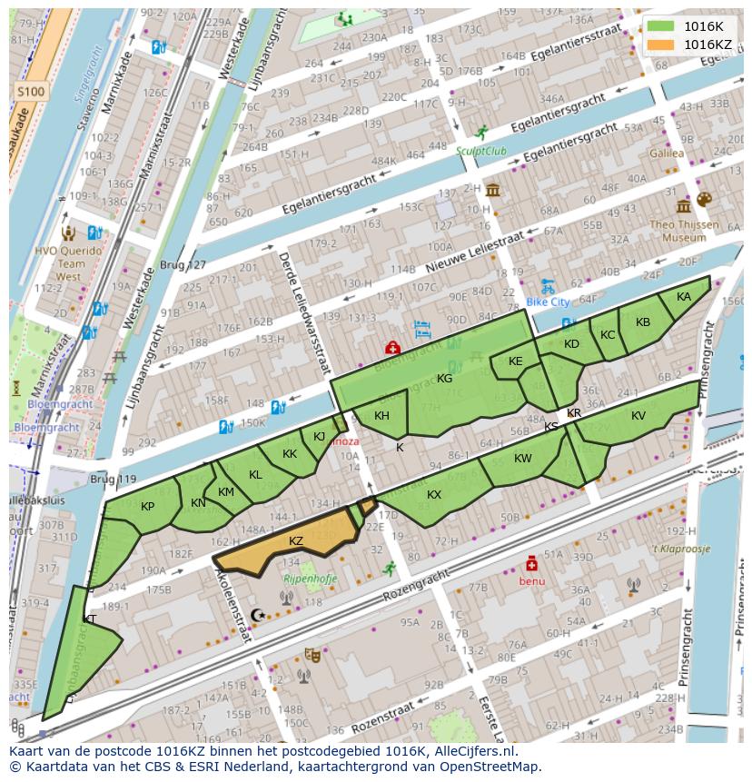 Afbeelding van het postcodegebied 1016 KZ op de kaart.