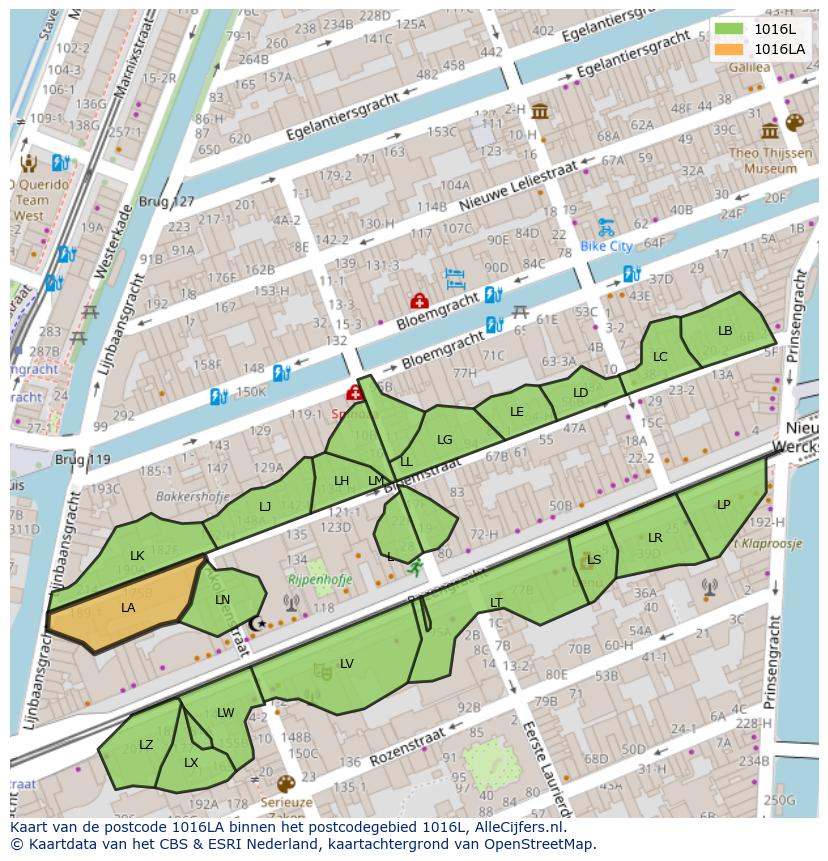 Afbeelding van het postcodegebied 1016 LA op de kaart.