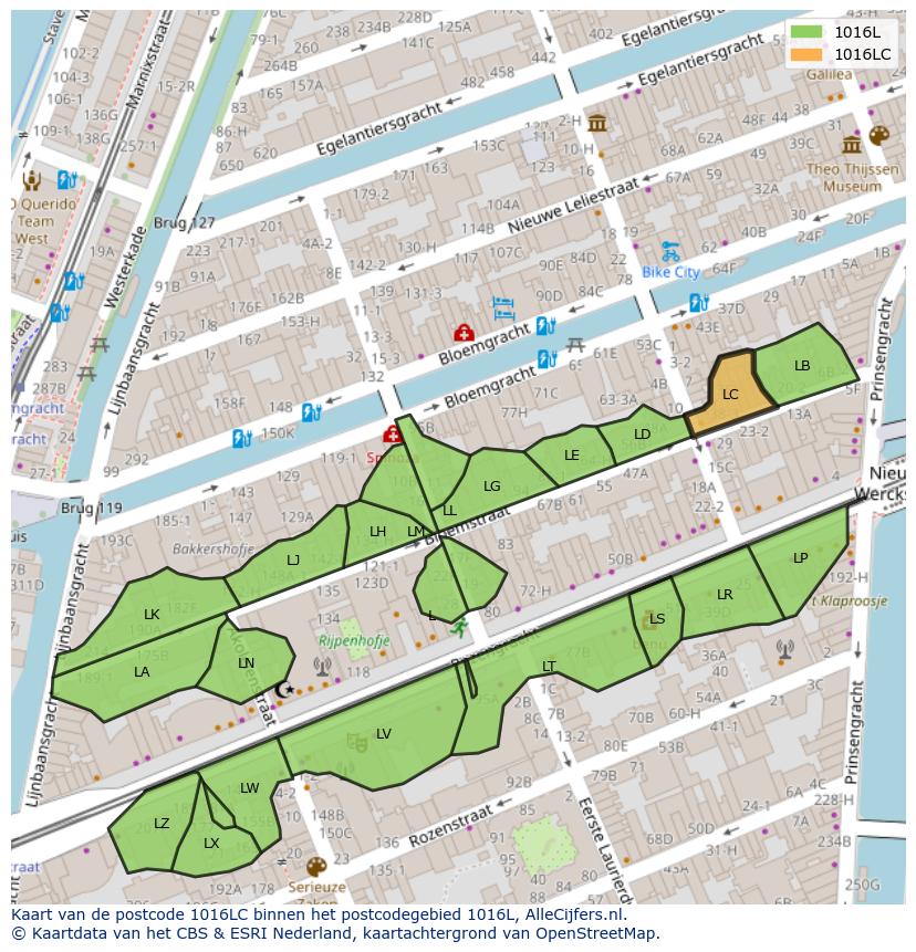 Afbeelding van het postcodegebied 1016 LC op de kaart.