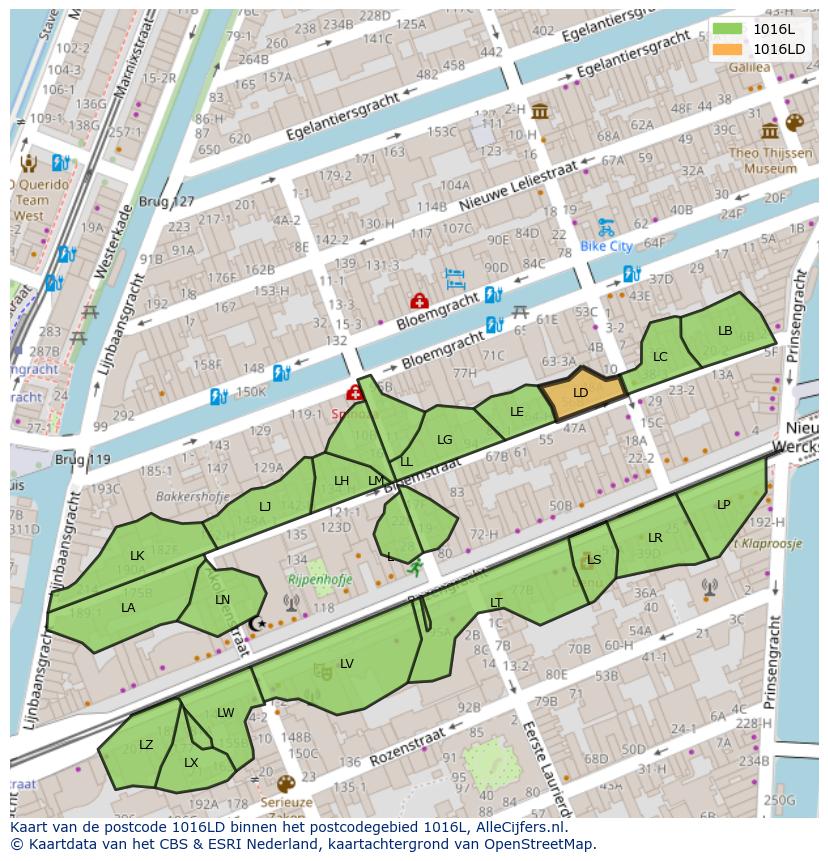 Afbeelding van het postcodegebied 1016 LD op de kaart.