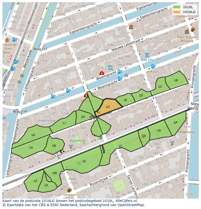 Afbeelding van het postcodegebied 1016 LG op de kaart.