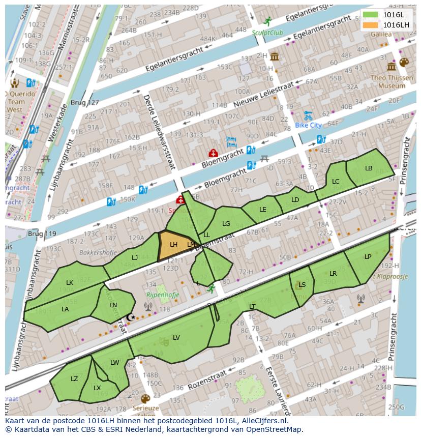 Afbeelding van het postcodegebied 1016 LH op de kaart.