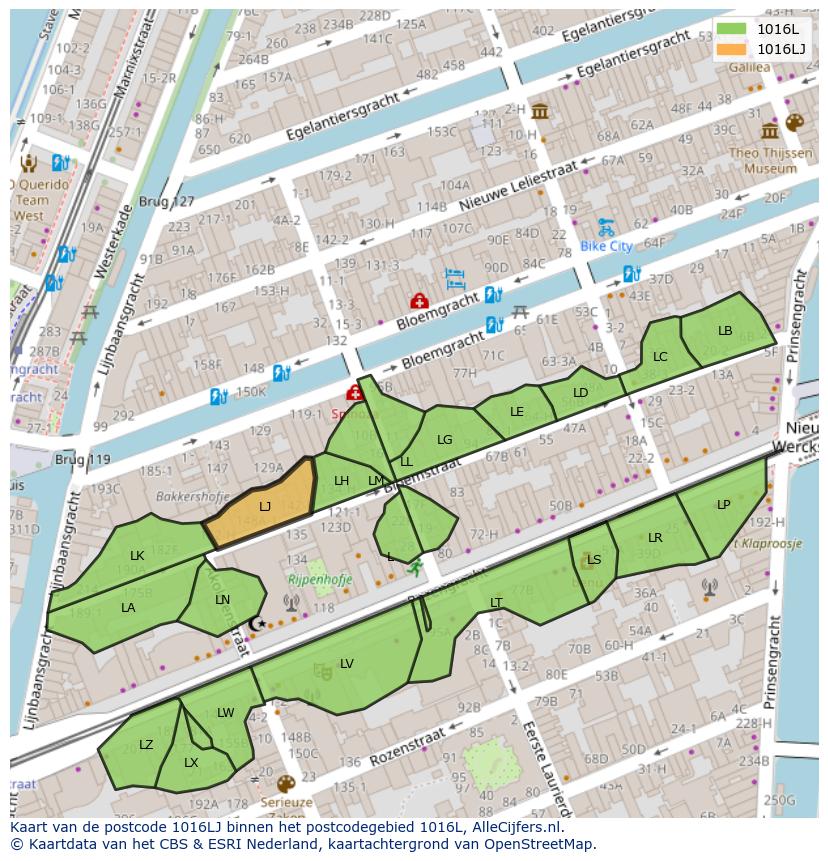 Afbeelding van het postcodegebied 1016 LJ op de kaart.