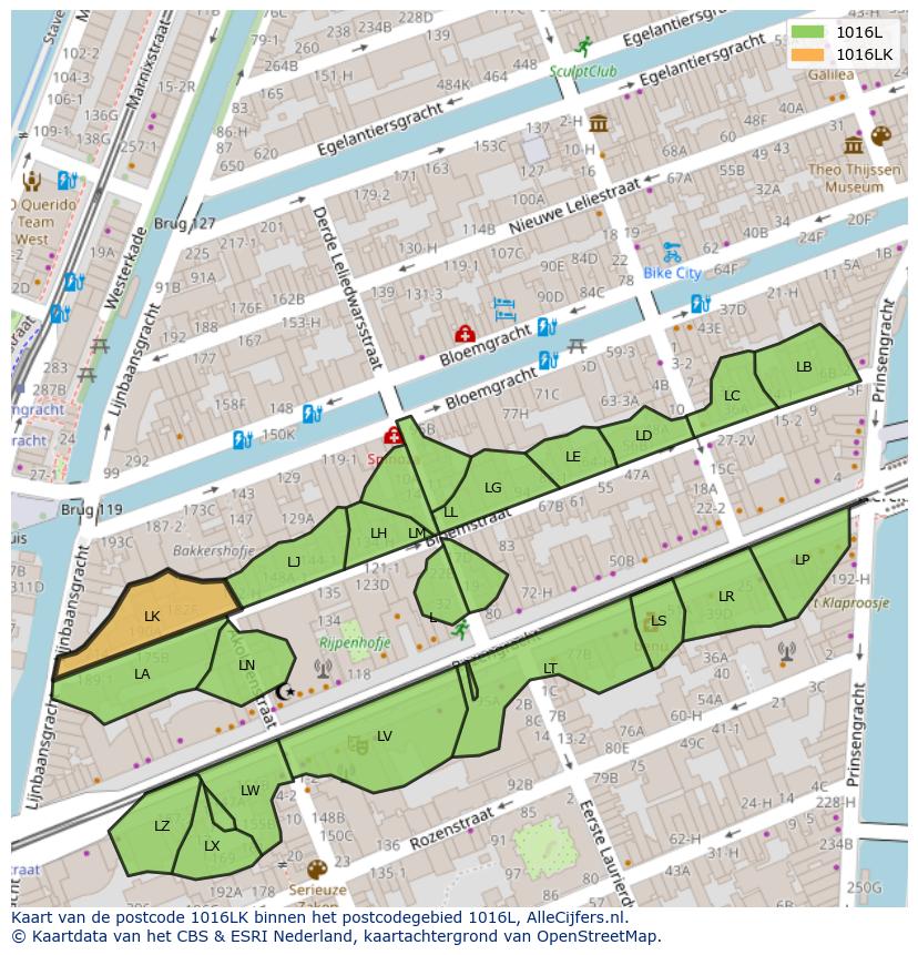 Afbeelding van het postcodegebied 1016 LK op de kaart.