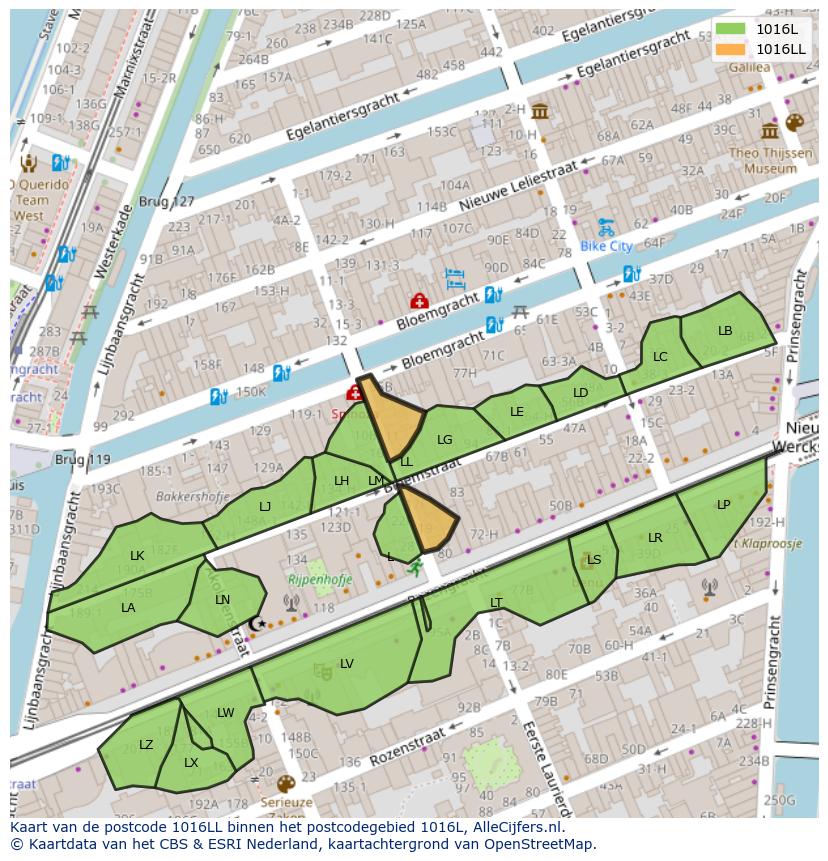 Afbeelding van het postcodegebied 1016 LL op de kaart.