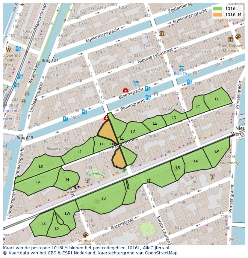 Afbeelding van het postcodegebied 1016 LM op de kaart.