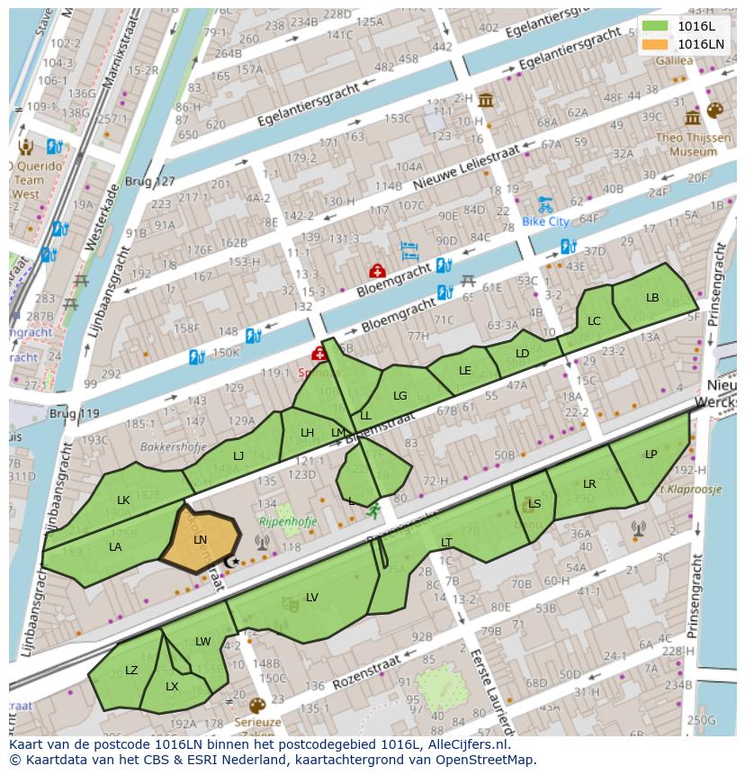 Afbeelding van het postcodegebied 1016 LN op de kaart.