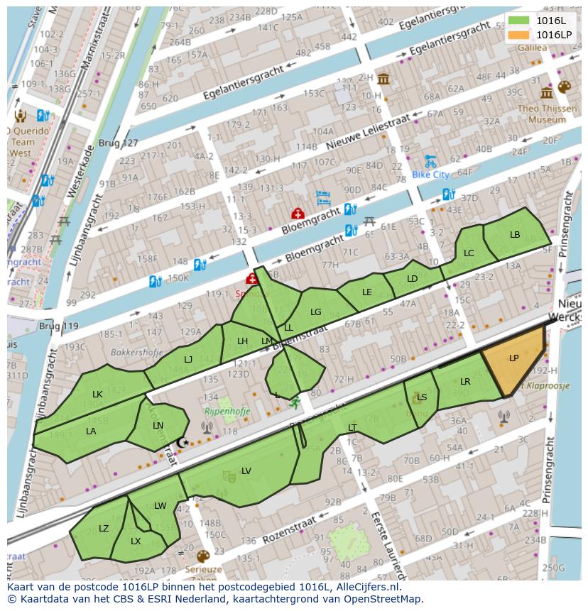 Afbeelding van het postcodegebied 1016 LP op de kaart.