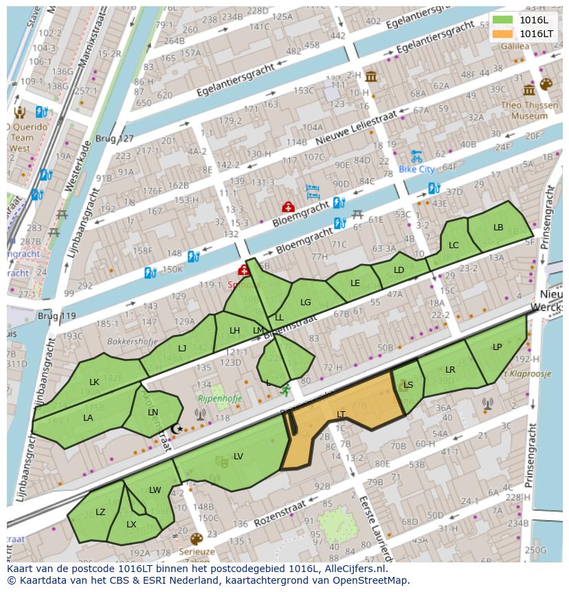 Afbeelding van het postcodegebied 1016 LT op de kaart.