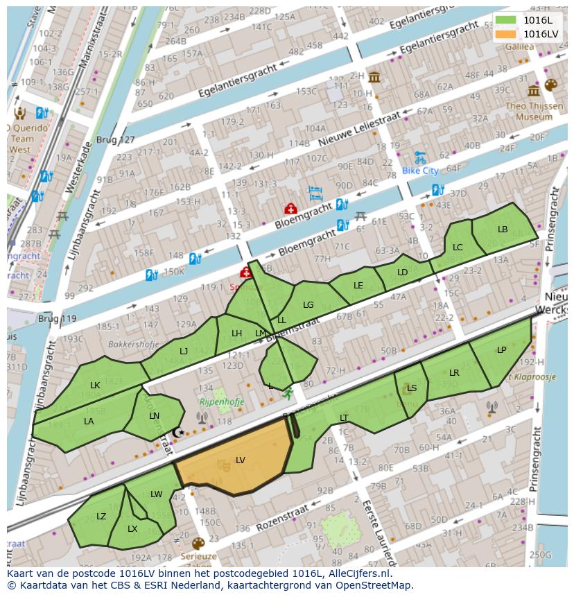 Afbeelding van het postcodegebied 1016 LV op de kaart.