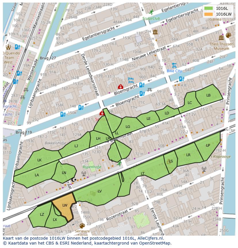Afbeelding van het postcodegebied 1016 LW op de kaart.