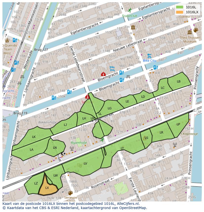 Afbeelding van het postcodegebied 1016 LX op de kaart.