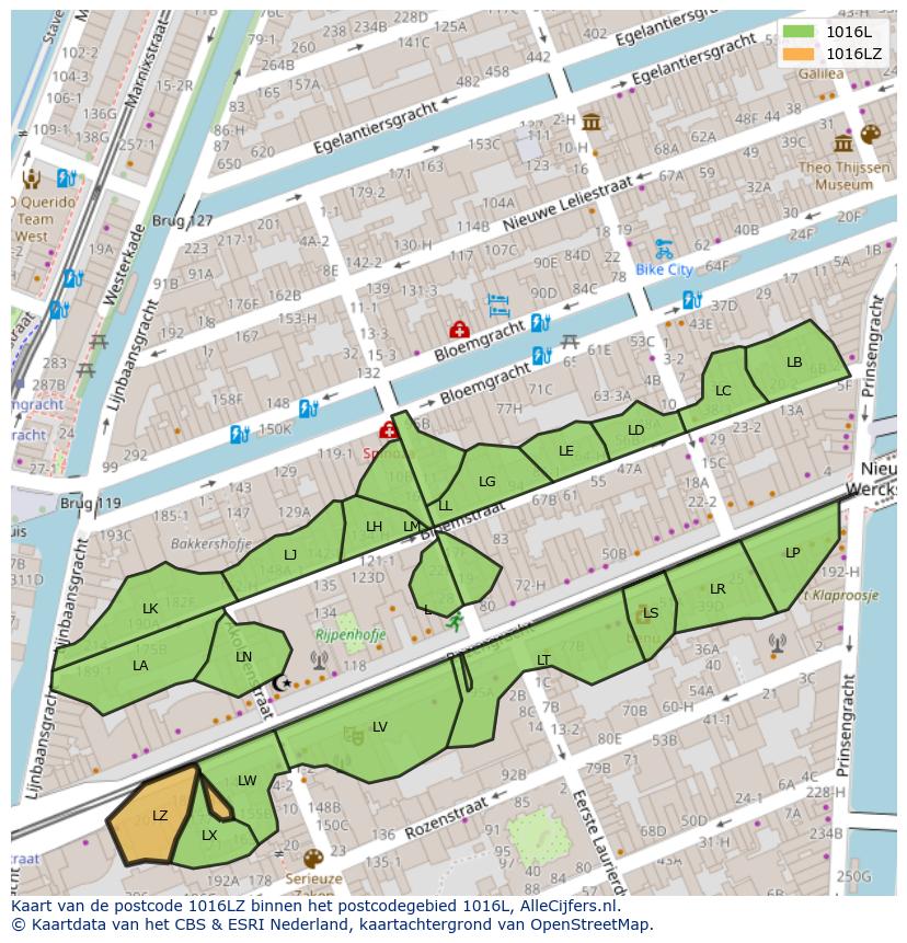 Afbeelding van het postcodegebied 1016 LZ op de kaart.