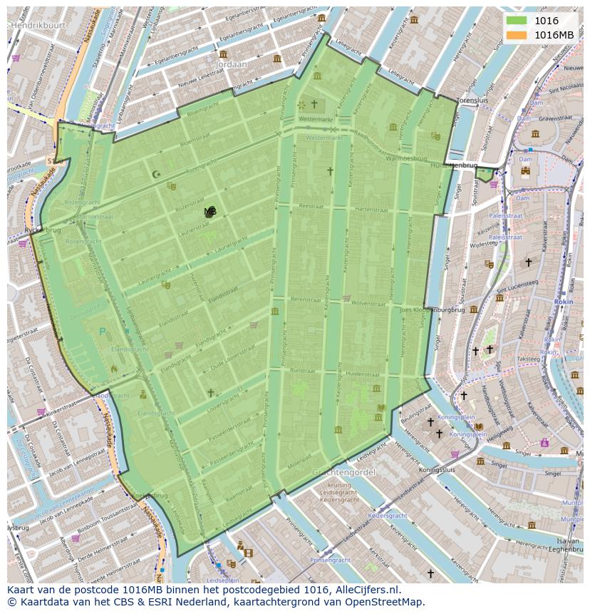 Afbeelding van het postcodegebied 1016 MB op de kaart.