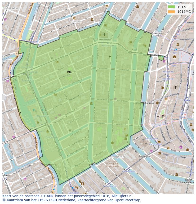 Afbeelding van het postcodegebied 1016 MC op de kaart.