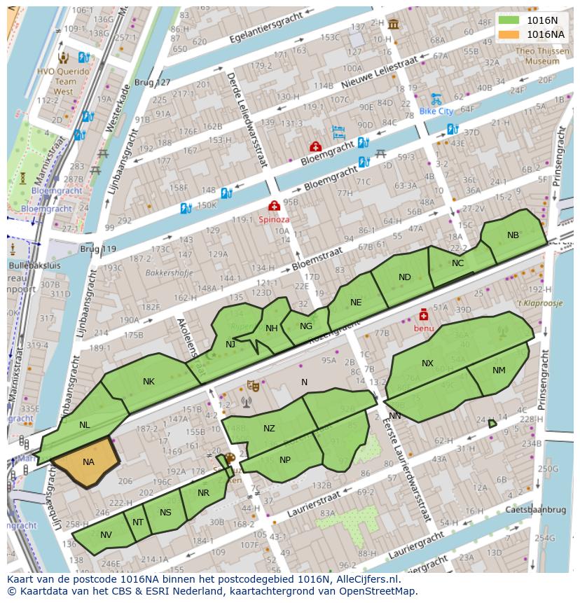 Afbeelding van het postcodegebied 1016 NA op de kaart.