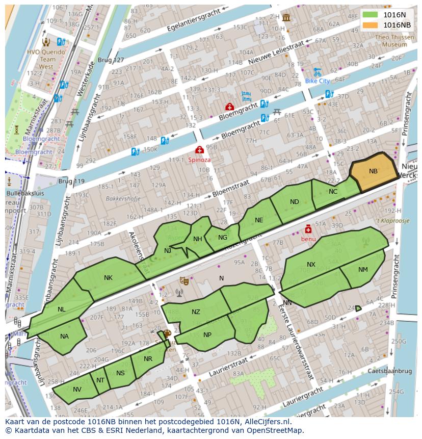 Afbeelding van het postcodegebied 1016 NB op de kaart.