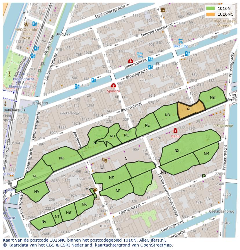 Afbeelding van het postcodegebied 1016 NC op de kaart.