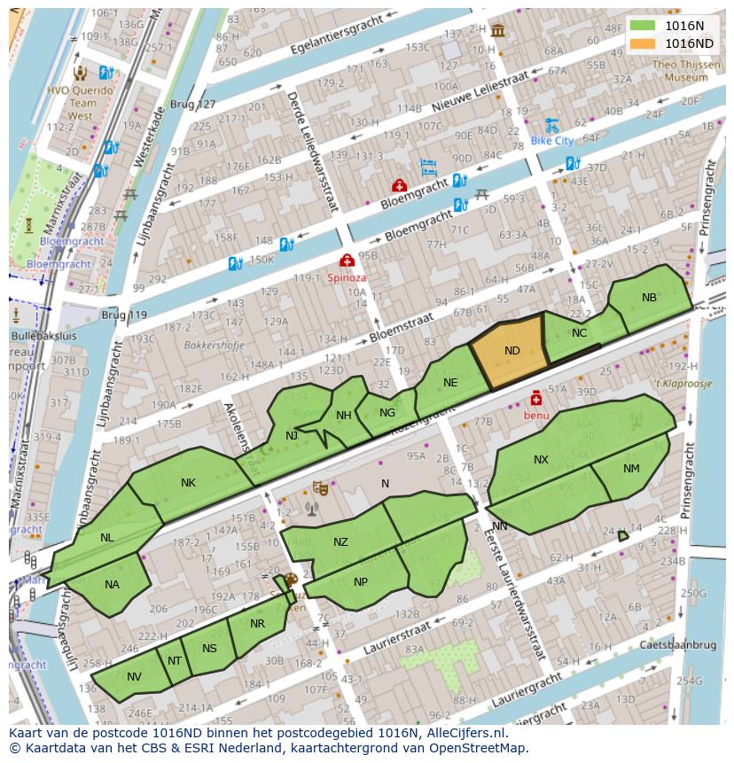 Afbeelding van het postcodegebied 1016 ND op de kaart.
