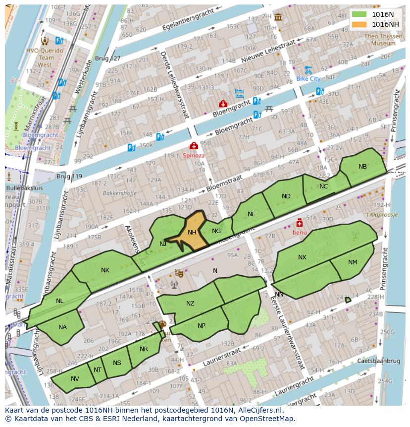 Afbeelding van het postcodegebied 1016 NH op de kaart.