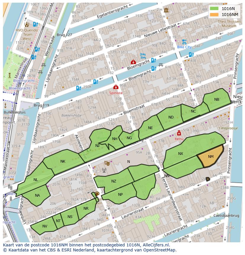 Afbeelding van het postcodegebied 1016 NM op de kaart.