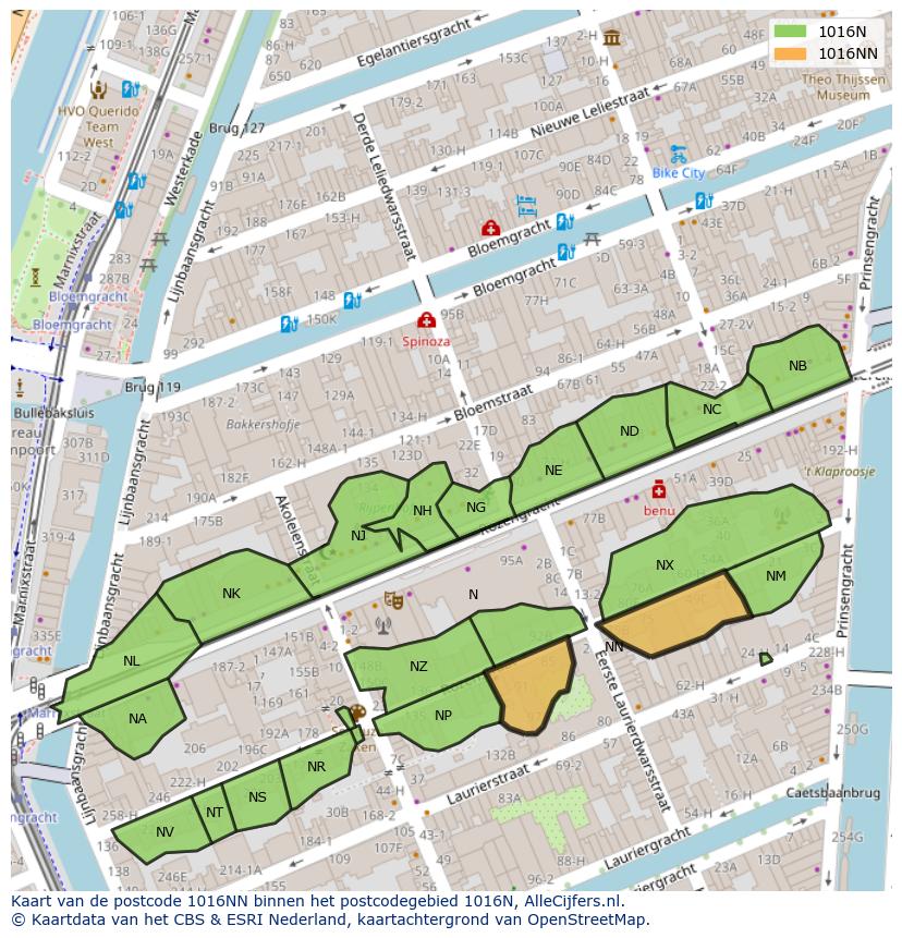 Afbeelding van het postcodegebied 1016 NN op de kaart.