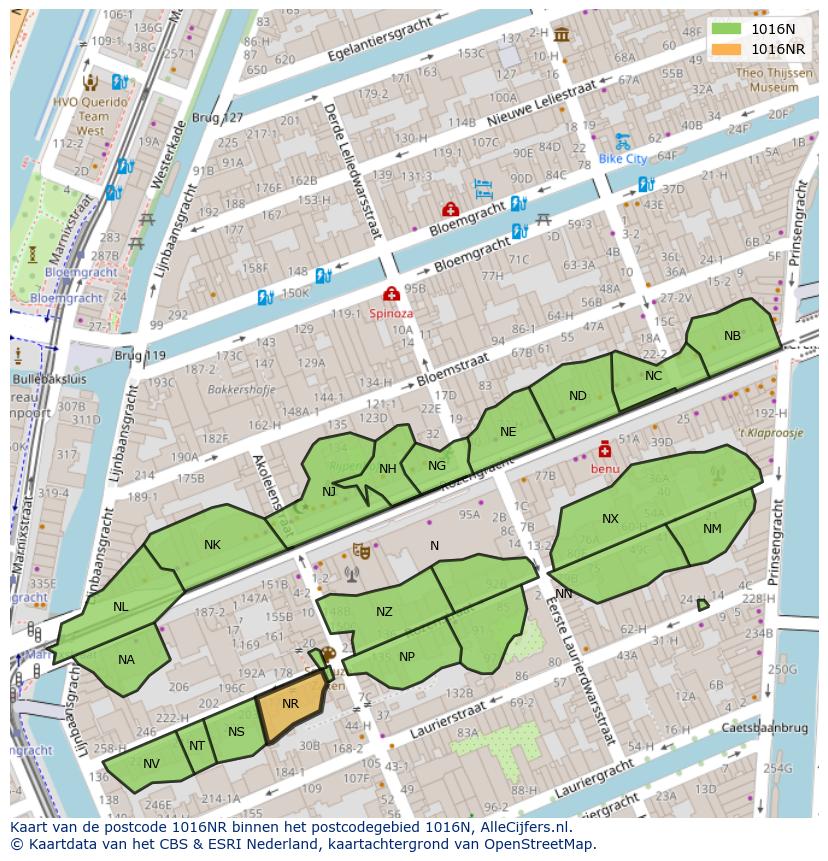 Afbeelding van het postcodegebied 1016 NR op de kaart.