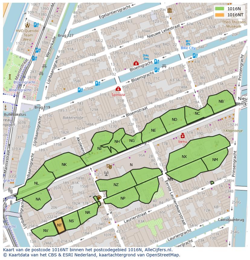 Afbeelding van het postcodegebied 1016 NT op de kaart.