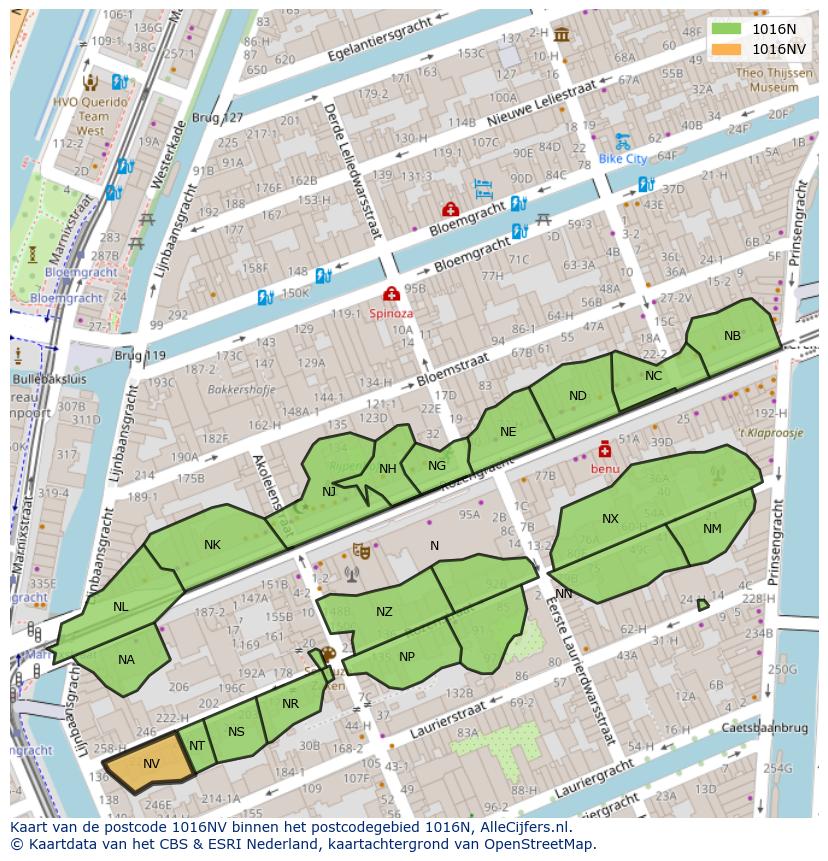 Afbeelding van het postcodegebied 1016 NV op de kaart.