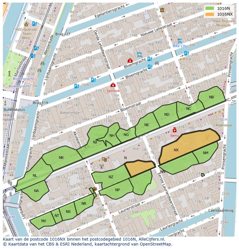 Afbeelding van het postcodegebied 1016 NX op de kaart.