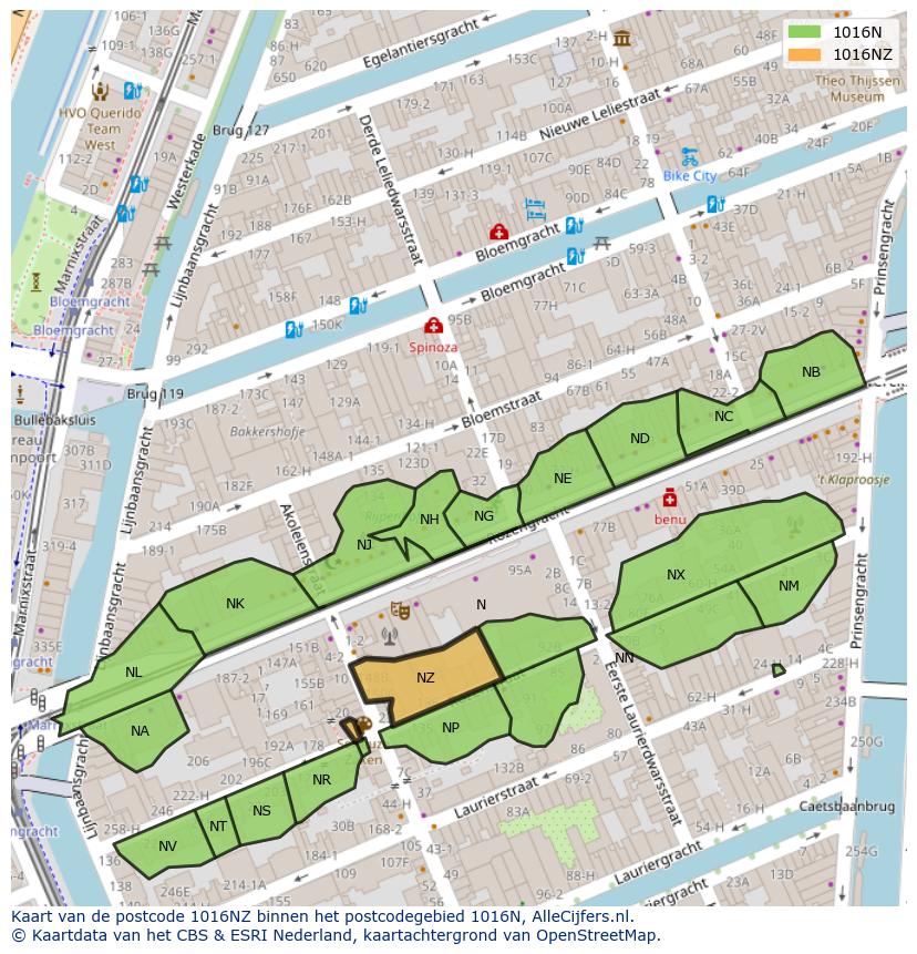 Afbeelding van het postcodegebied 1016 NZ op de kaart.
