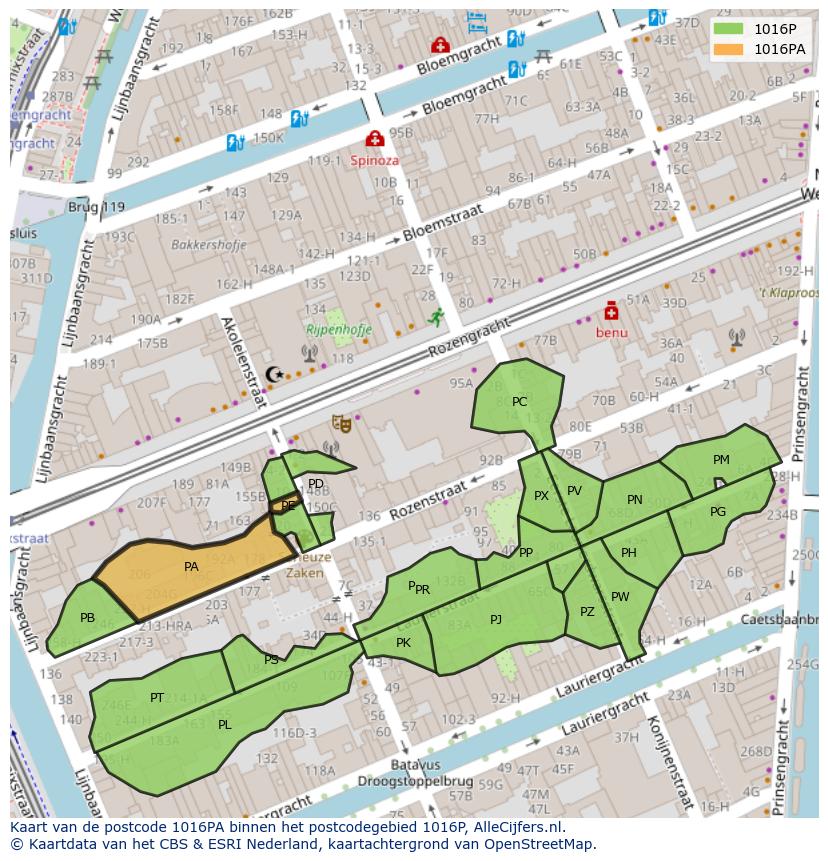 Afbeelding van het postcodegebied 1016 PA op de kaart.